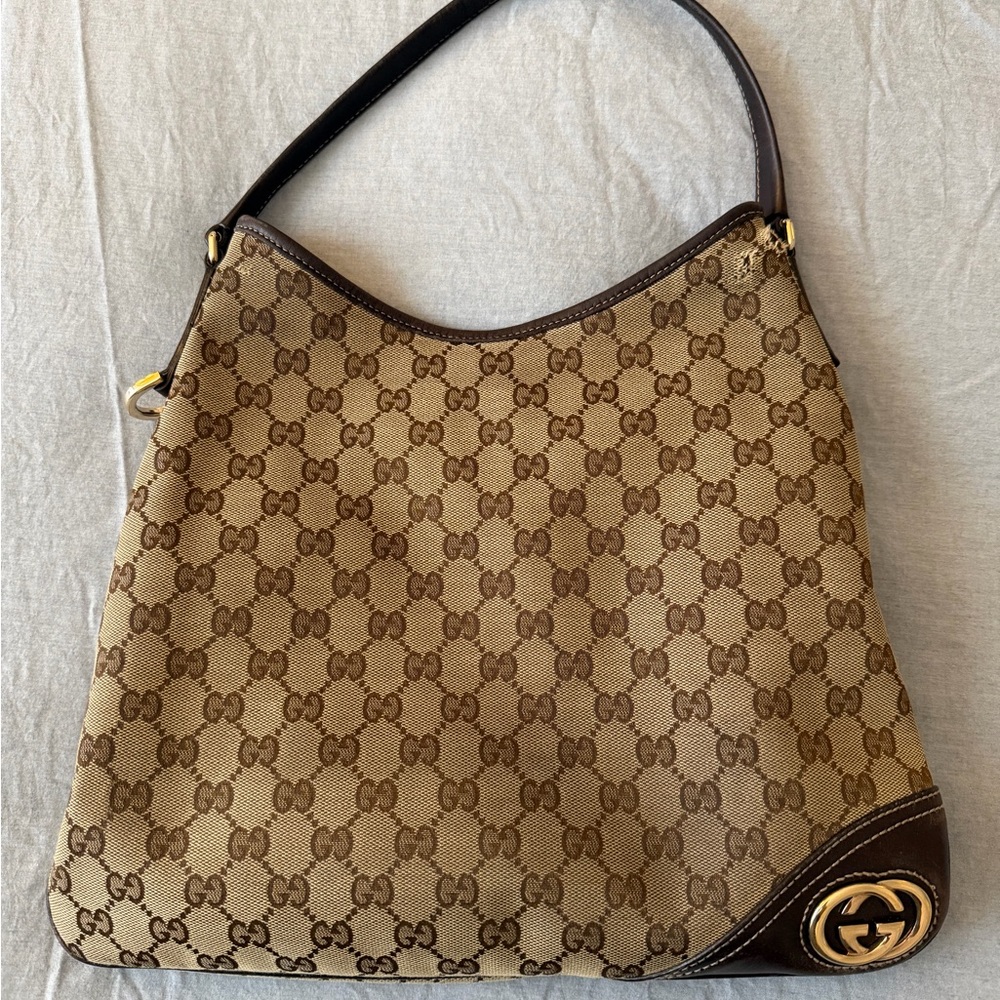 Gucci Beige Brown GG Canvas Shoulder Bag with Dark Brown Trim